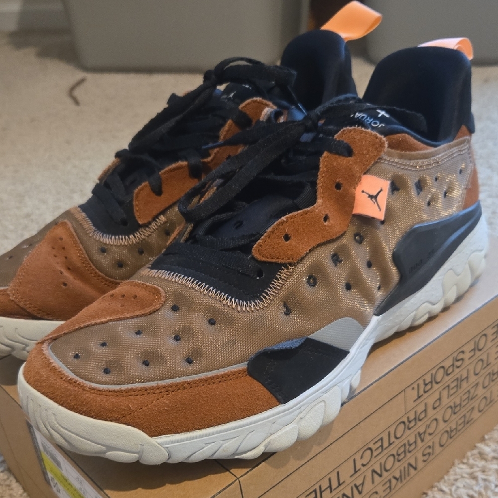 Jordan Delta 2 Men's Brown and Black Suede Accent Sneakers with Orange Pull Tabs